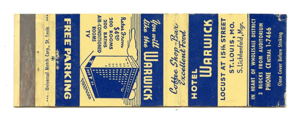 Warwick Hotel, St. Louis, MO [Matchbook Cover]