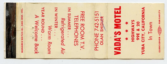 Vada's Motel, Yuba City, CA [Matchbook Cover]