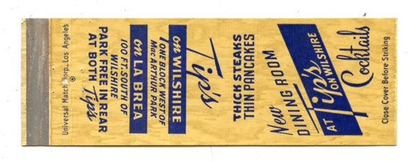 Tip's On Wilshire and La Brea Los Angeles, CA [Matchbook Cover]