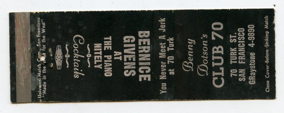 Benny Dotson's Club 70, San Francisco, CA [Matchbook Cover]