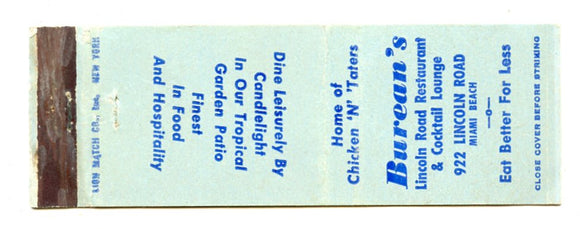 Burean's Restaurant, Miami Beach, FL Matchbook Cover