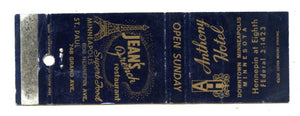 Anthony Hotel, Minneapolis, MN Matchbook Cover