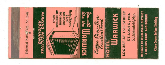 Warwick Hotel, St. Louis, MO Matchbook Cover