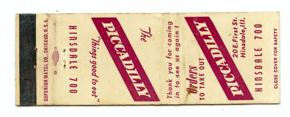 Piccadilly Restaurant, Hinsdale, IL Matchbook Cover
