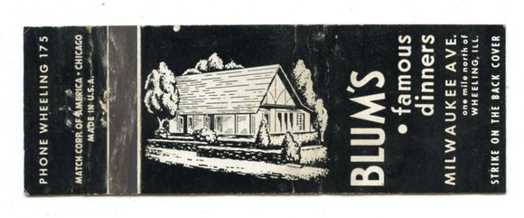 Blum's Famous Dinners, Wheeling, IL Matchbook Cover