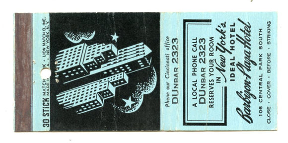 Barbizon-Plaza Hotel, New York, NY Matchbook Cover