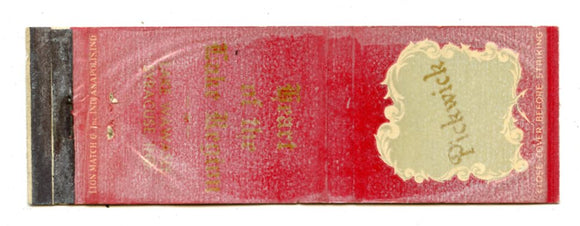 Pickwick Restaurant, Syracuse, IN Matchbook Cover