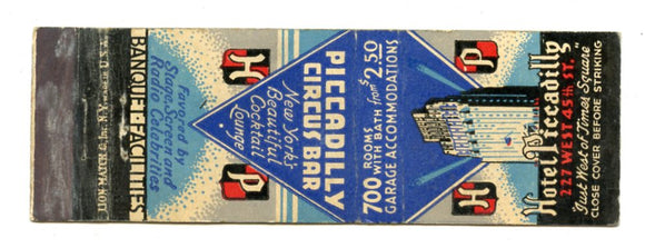 Piccadilly Hotel, New York, NY Matchbook Cover
