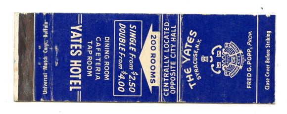 Yates Hotel, Syracuse, NY Matchbook Cover