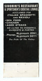 Simonini's Restaurant, Algonquin, IL Matchbook Cover