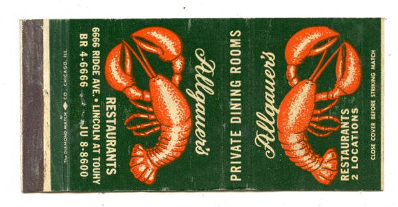 Allgauer's Restaurants, Chicago, IL Matchbook Cover