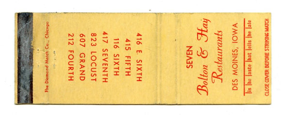 Bolton & Hay Restaurants, Des Moines, IA Matchbook Cover