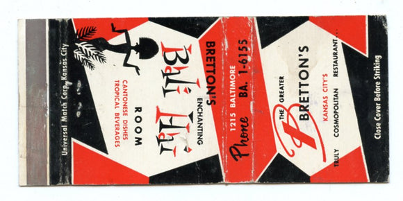 Bretton's Enchanting Bali Hai Room, Kansas City, MO Matchbook Cover