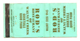 Rod's Restaurant, Walnut Creek, CA Matchbook Cover
