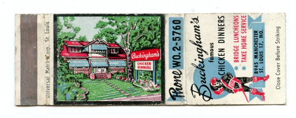 Buckingham's Famous Chicken Dinners, St. Louis, MO Matchbook Cover