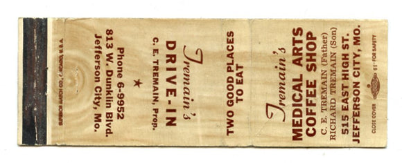Tremain's Medical Arts Coffee Shop, Tremain's Drive-In, Jefferson City, MO Matchbook Cover