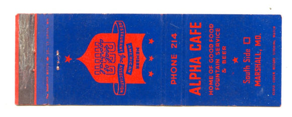 Alpha Cafe, Marshall, MO Matchbook Cover