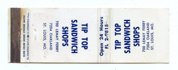 Tip Top Sandwich Shops, St. Louis, MO Matchbook Cover