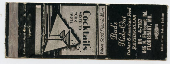 Bud's Hide-Out, Florissant, MO Matchbook Cover