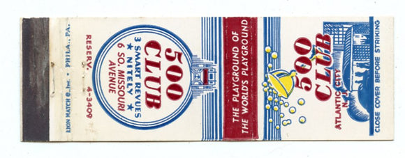 500 Club, Atlantic City, NJ Matchbook Cover