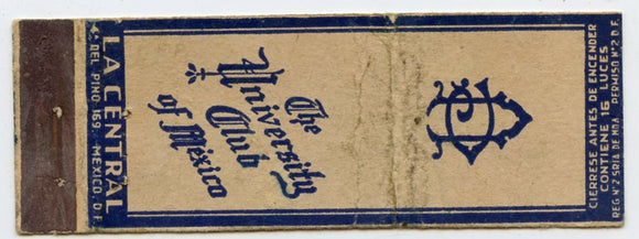 University Club of Mexico, La Central, Mexico Matchbook Cover