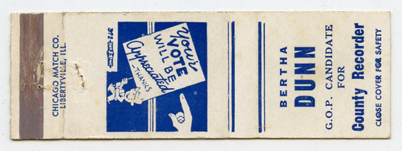 Bertha Dunn for County Recorder Matchbook Cover