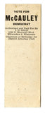 Wm. J. McCauley for District Attorney, Milwaukee, WI Matchbook Cover