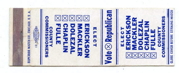 William N. Erickson for President of County Board Matchbook Cover