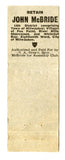 John McBride for Assemblyman 14th District, Milwaukee, WI Matchbook Cover