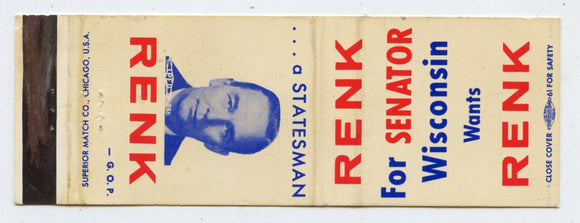 Wilbur Renk for Senator, Sun Prairie, WI Matchbook Cover