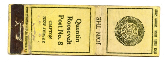 American Legion, Quentin Roosevelt Post No. 8, Clifton, NJ Matchbook Cover