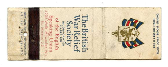 British War Relief Society of the English Speaking Union, Milwaukee, WI Matchbook Cover