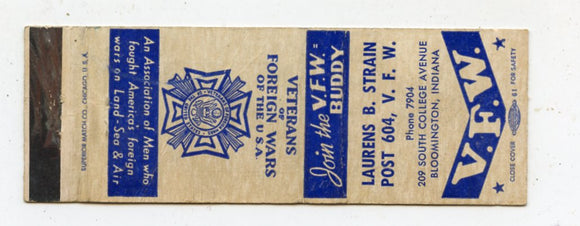 V. F. W. Laurens B. Strain Post 604, Bloomington, IN Matchbook Cover
