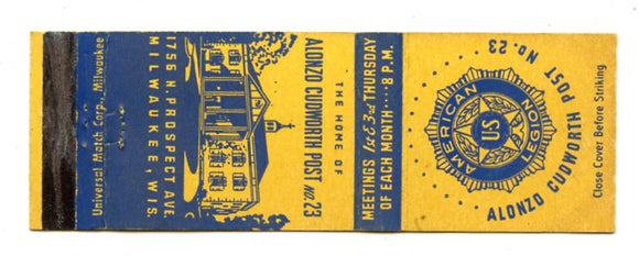 American Legion, Alonzo Cudworth Post No. 23, Milwaukee, WI Matchbook Cover