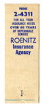 Roenitz Insurance Agency, Sheboygan, WI Matchbook Cover