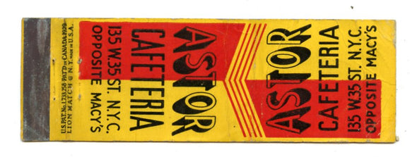 Astor Cafeteria, New York City, NY [Matchbook Cover]