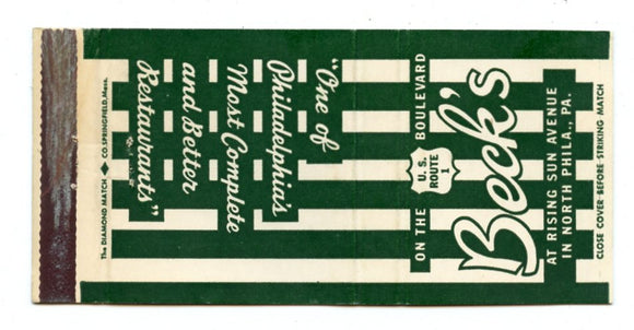 Beck's Restaurant, N. Philadelphia, PA [Matchbook Cover]