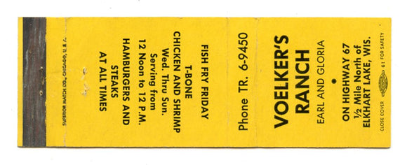 Voelker's Ranch Restaurant, Plymouth, WI [Matchbook Cover]