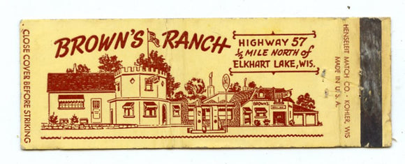 Brown's Ranch Restaurant, Elkhart Lake, Plymouth, WI [Matchbook Cover]