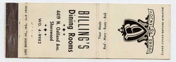 Billing's Dining Rooms, Shorewood, Milwaukee, WI [Matchbook Cover]