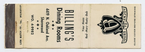 Billing's Dining Rooms, Shorewood, Milwaukee, WI [Matchbook Cover]