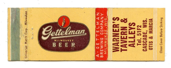 Warner's Tavern & Alleys/Gettelman Beer, Cascade, WI [Matchbook Cover]