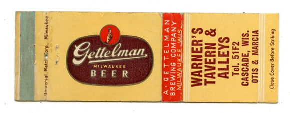 Warner's Tavern & Alleys/Gettelman Beer, Cascade, WI [Matchbook Cover]