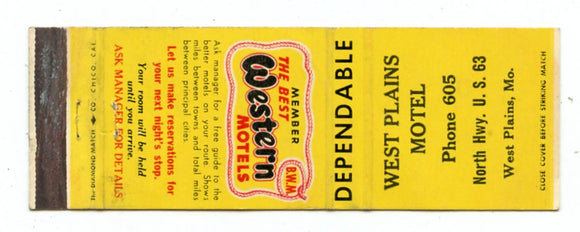 West Plains Motel, West Plains, MO Matchbook Cover