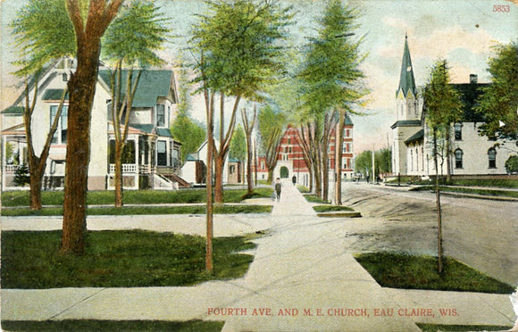Fourth Avenue and M. E. Church, Eau Claire, WI [Postcard]