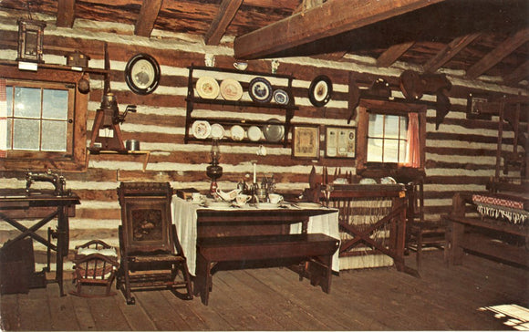 Log Cabin Interior, Swiss Historical Village, New Glarius, WI [Postcard]
