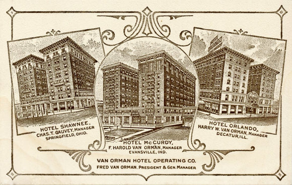 Van Orman Hotel Operating Co., Springfield, OH, Evansville IN, Decatur IL [Postcard]