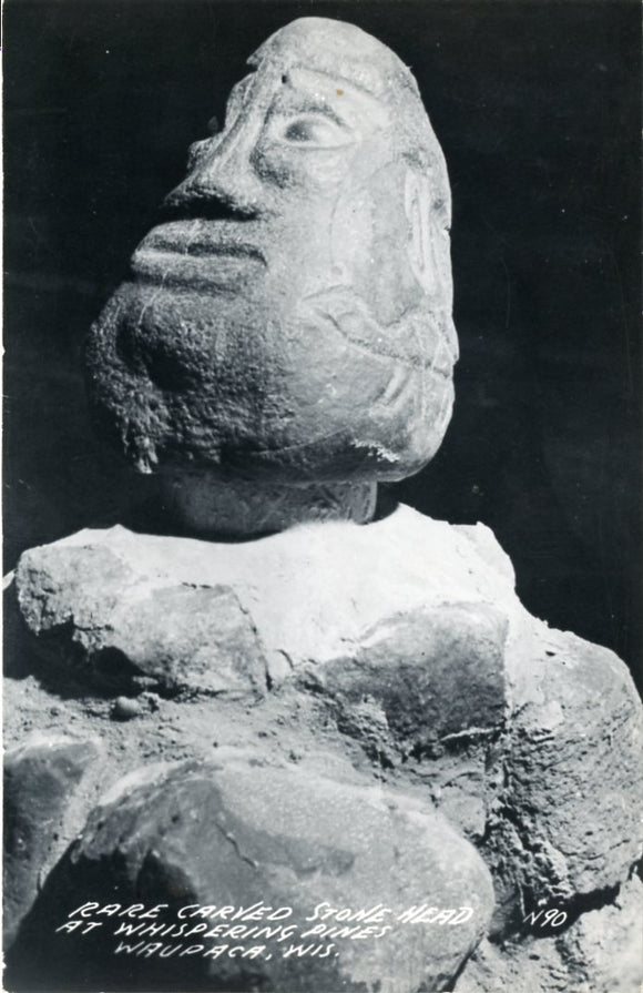 Rare Caraved Stone Head at Whispering Pines, Waupaca, WI [Postcard]