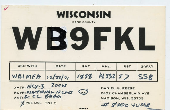 WB9FKL, Daniel G. Reese, Madison, WI [Postcard]