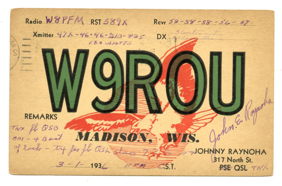 W9ROU, Johnny Raynoha, Madison, WI [Postcard]
